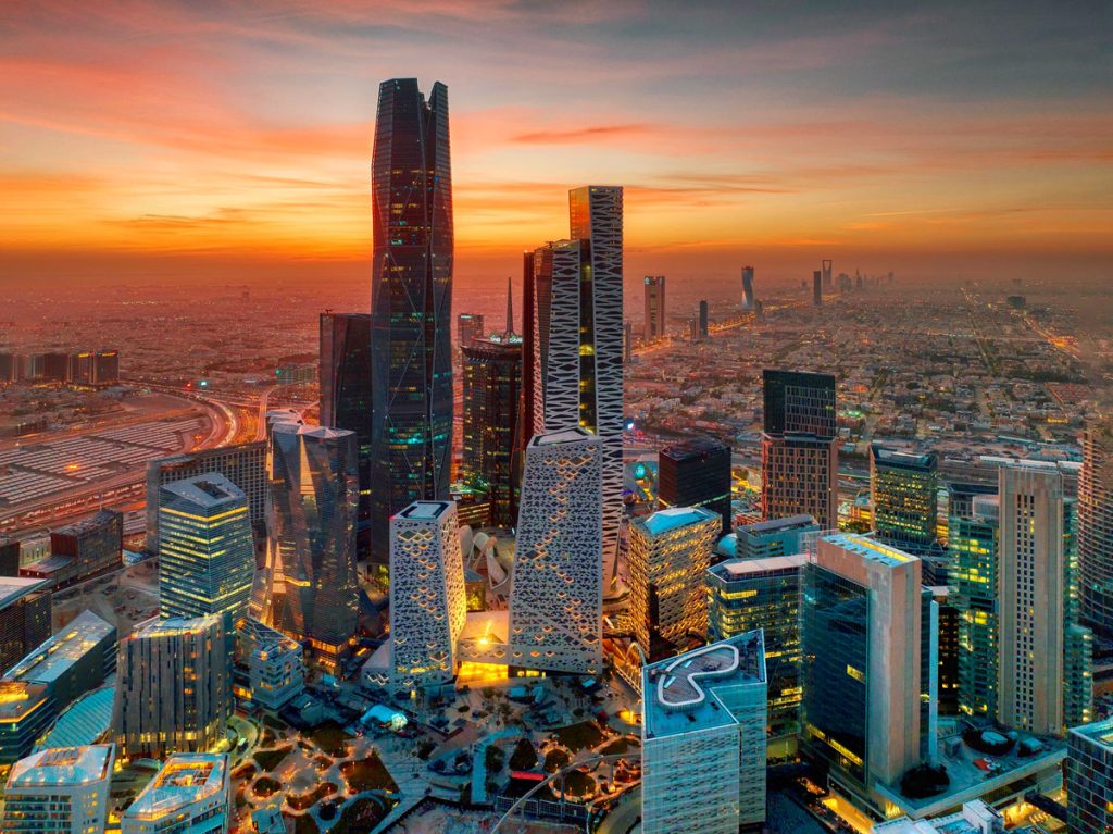 sunset on building in Riyadh KSA