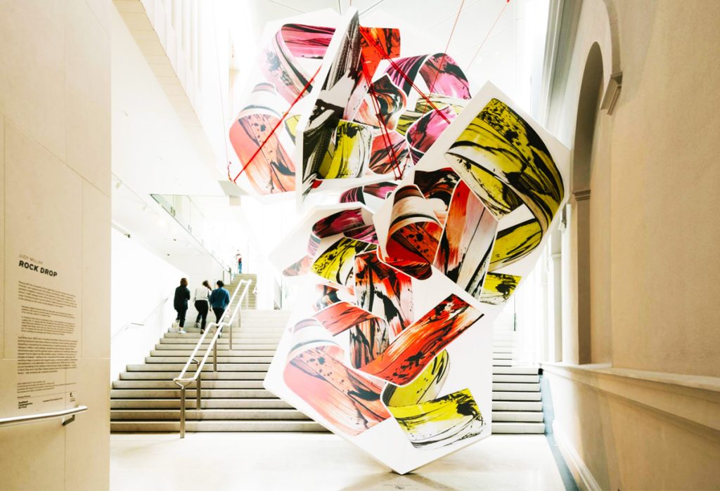 Colorful hanging installation inside the Auckland Art Gallery Toi o Tāmaki, New Zealand.