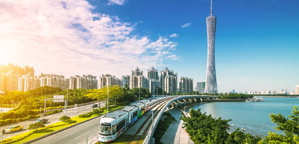 “Skyline of Guangzhou with the Canton Tower rising over the Pearl River