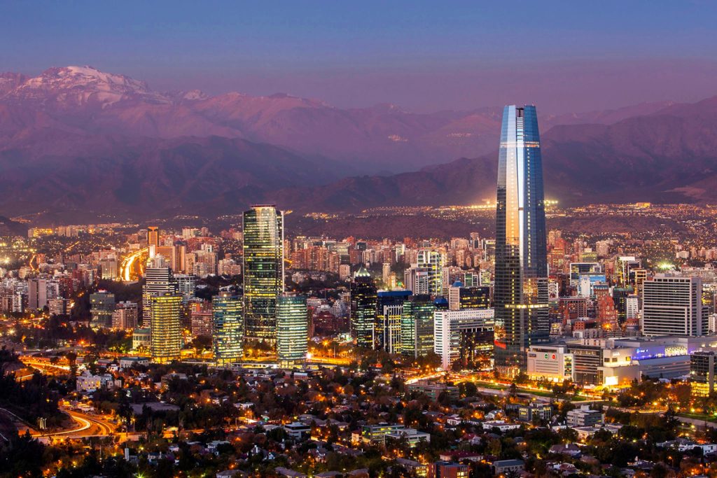 Santiago at dusk with Andes Mountains